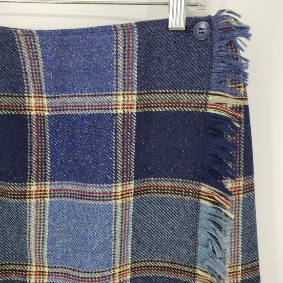 Vintage 90s Liz Claiborne Plaid Wool Skirt Sz 4 Blue Wrap Fringe Trim Tweed Mini - Picture 3 of 8